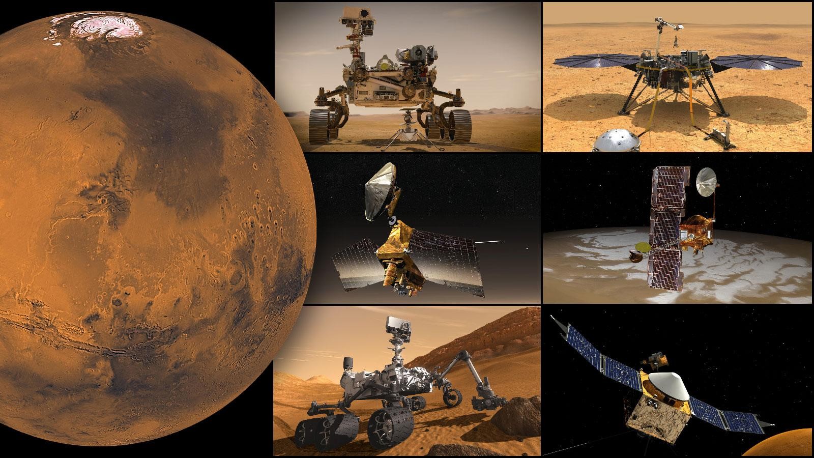 नासा के मंगल मिशन, ऊपर बाईं ओर से दक्षिणावर्त: दृढ़ता रोवर और इनजेनिटी मार्स हेलीकॉप्टर, इनसाइट लैंडर, ओडिसी ऑर्बिटर, मावेन ऑर्बिटर, क्यूरियोसिटी रोवर और मार्स रिकोनिसेंस ऑर्बिटर।  ये सभी अलग-अलग मशीनें/रोवर/उपग्रह हैं जिन्हें मंगल ग्रह पर भेजा गया है।