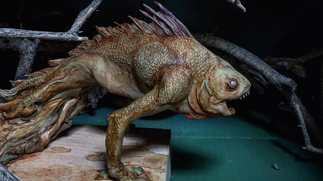 Sculptor Simon Lee; a sculpture of a fish-like creature