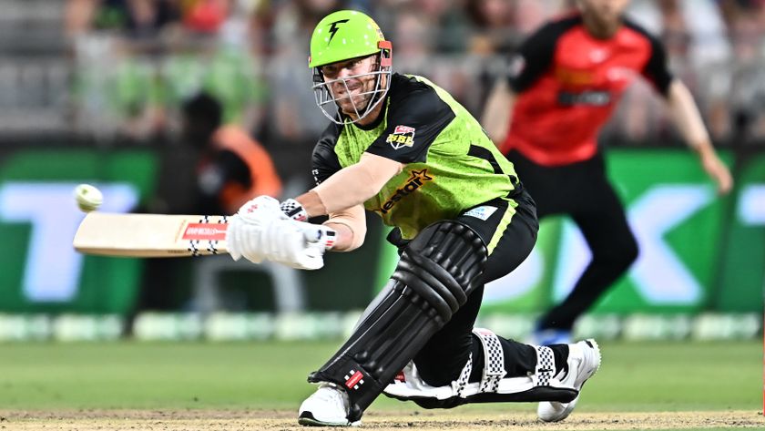 David Warner of Sydney Thunder bats during the Big Bash League match between Sydney Thunder and Melbourne Renegades at ENGIE Stadium. Sydney Thunder win their Big Bash League match against Melbourne Renegades at ENGIE Stadium by 8 runs. Sydney Thunder: 156/4 (20 overs), Melbourne Renegades 148/8 (20 overs). 