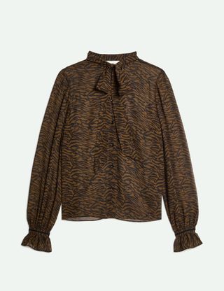 Pure Silk Animal-Print Tie-Neck Blouse