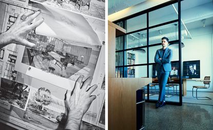 Left, Andre Mellone examines his sketches of a residential project in Säo Paulo; Right, Mellone outside the conference room of his interior design firm, Studio Mellone