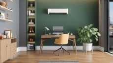 Home Office Interior With Air Conditioner, Table, Desktop Computer And Wooden Cabinet