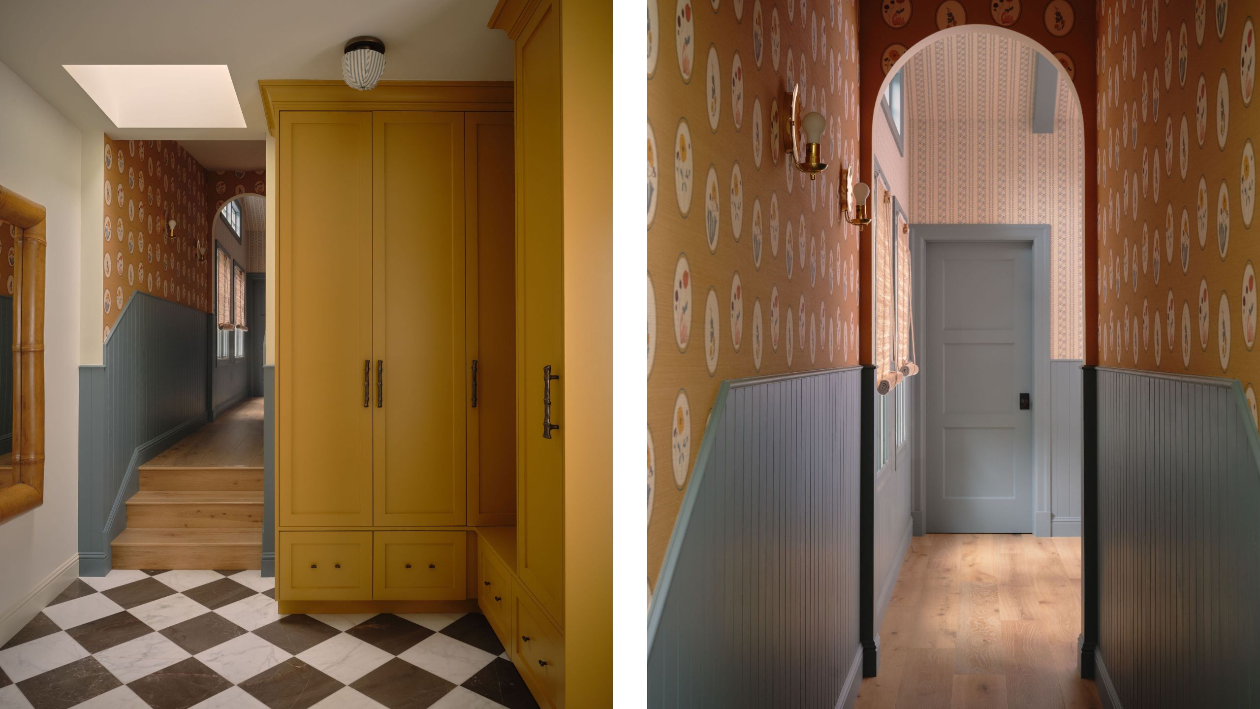 two side by side images of an entry to an ADU cottage with sunshine yellow mudroom, checkerboard tile floor, through to a hallway with blue paneling and mustard floral wallpaper