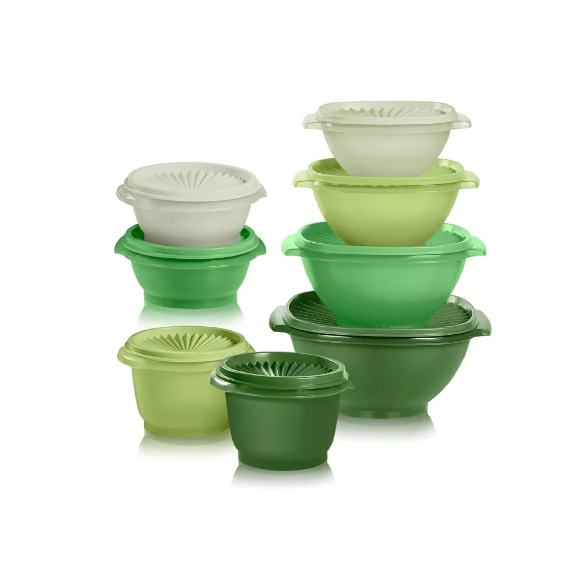 Vintage tupperware with ribbed lids in dark and light green shades