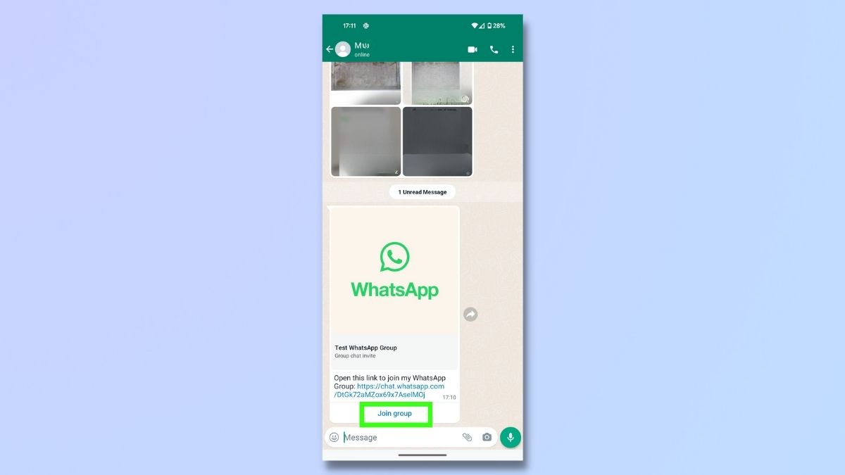 снимок экрана, показывающий, как снова присоединиться к групповому чату в WhatsApp – получить приглашение