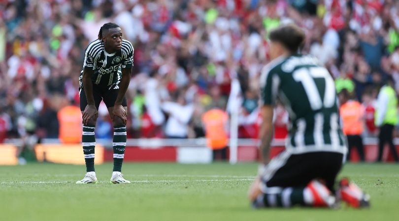 Aaron Wan-Bissaka and Alejandro Garnacho look dejected after Manchester United&#039;s defeat to Arsenal at the Emirates Stadium in September 2023.