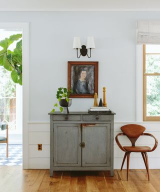 vintage gray dresser with vintage chair