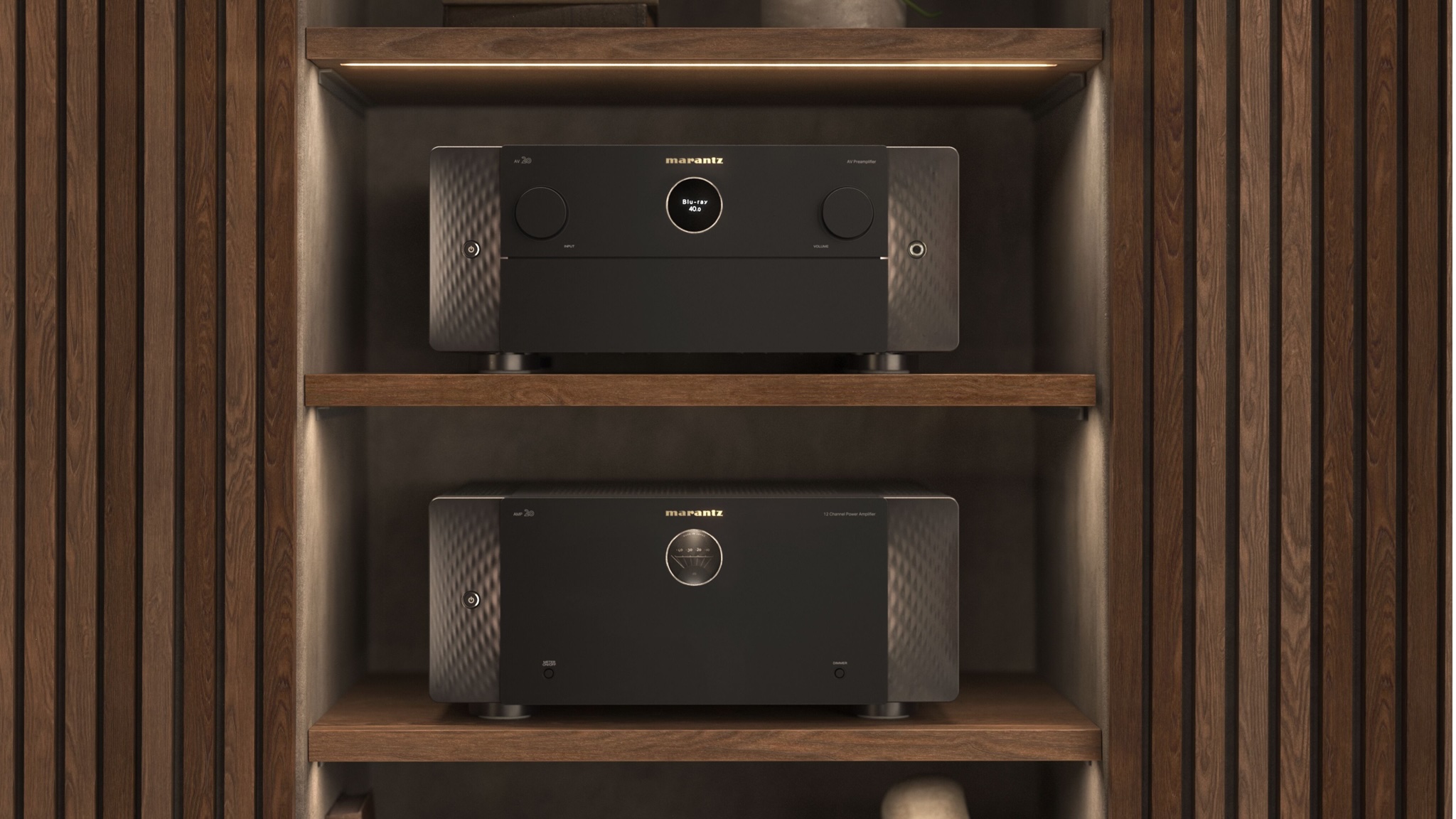 Marantz AV 20 preamplifier and AMP 20 power amplifier in a wooden cabinet