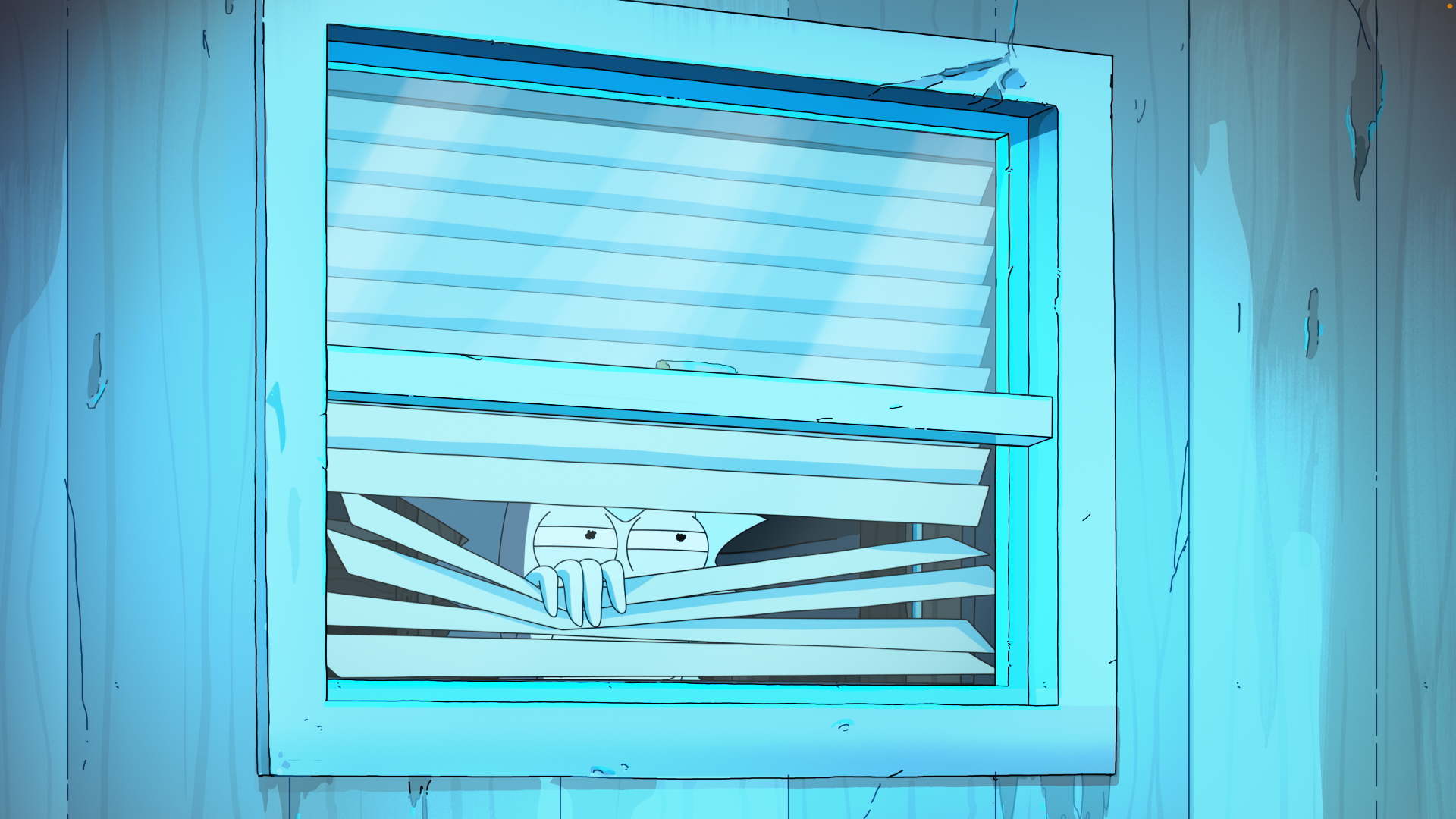 A cartoon character peeking out of a blue window