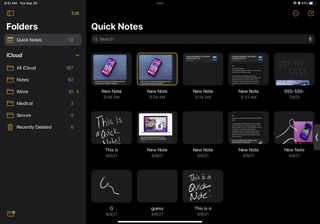 View saved Quick Notes in iPadOS 15 by showing: Launch Notes, then tap Quick Notes folder