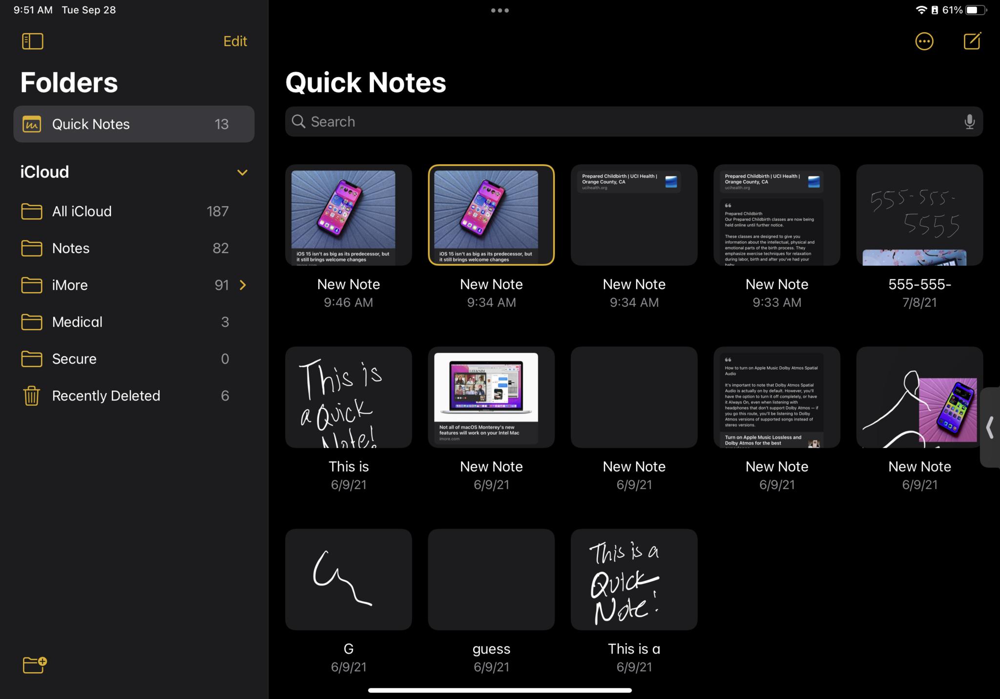 View saved Quick Notes in iPadOS 15 by showing: Launch Notes, then tap Quick Notes folder