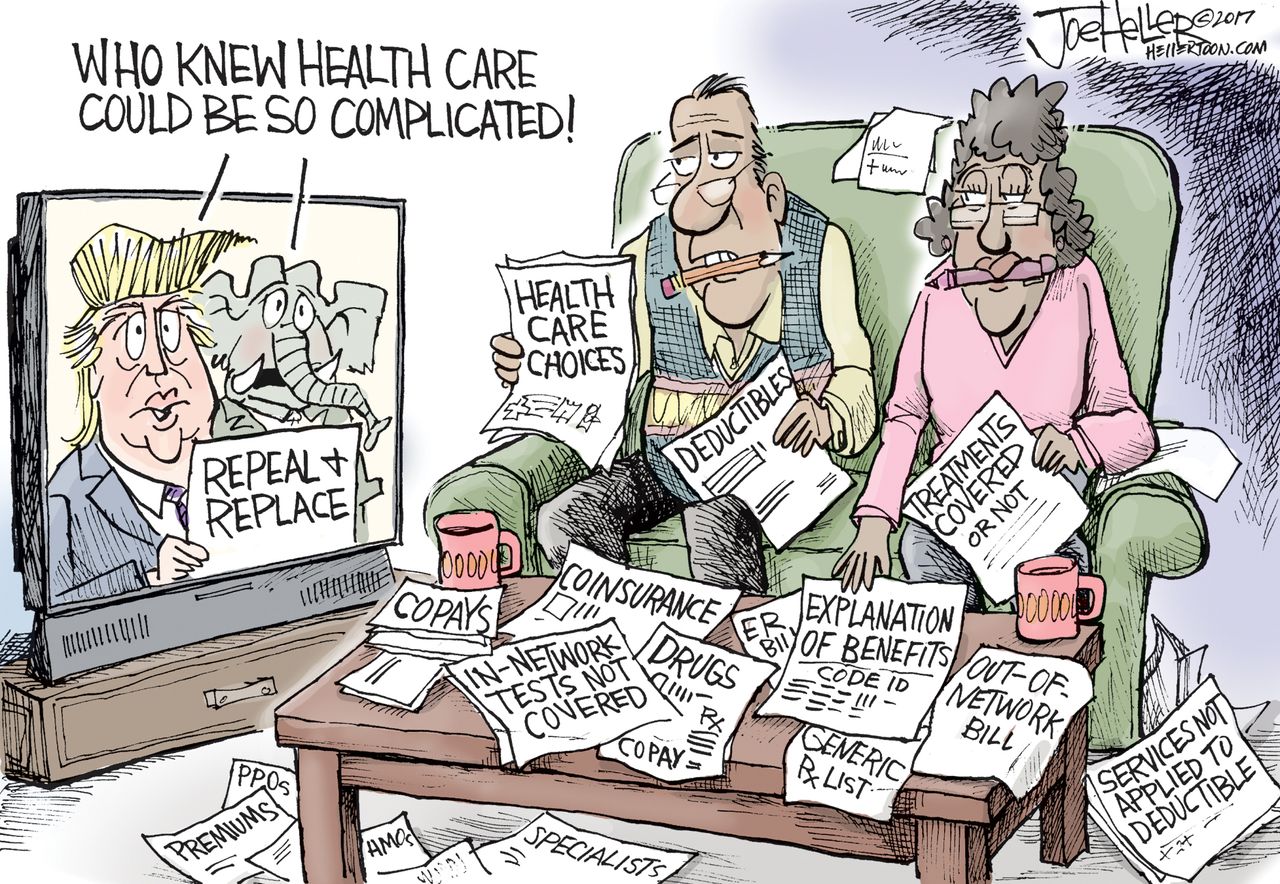 Political Cartoon U.S. Trump health care complicated Obamacare repeal replace