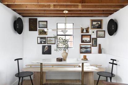 a dining room with wood furniture