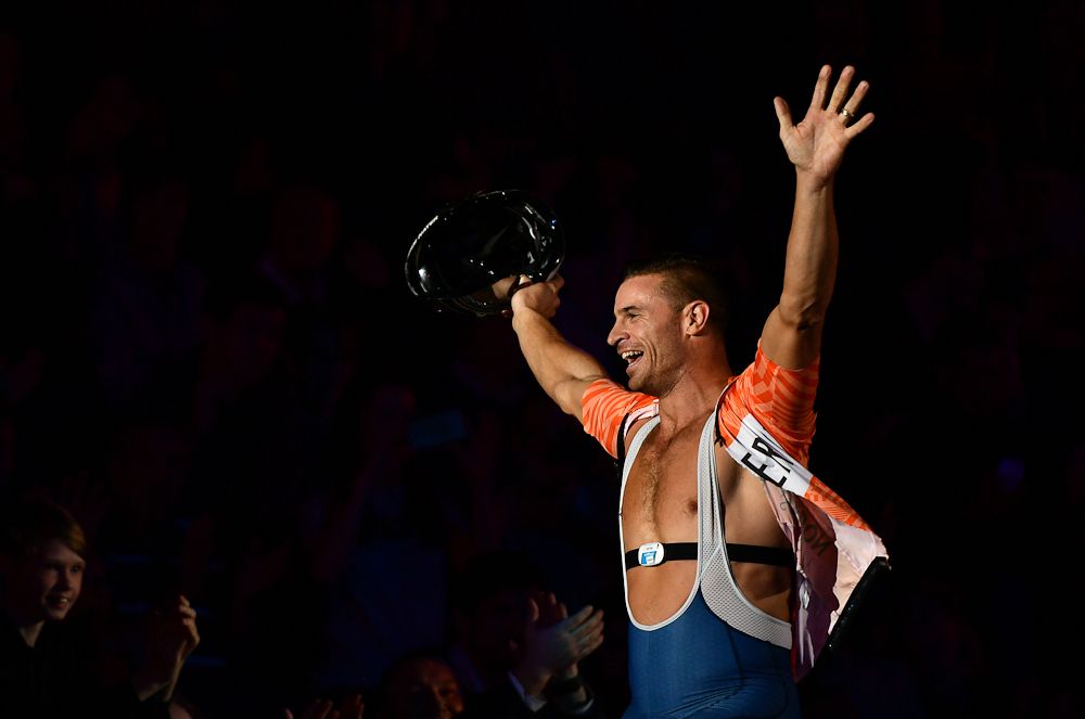 Nate Koch of the United States celebrates victory in the Mens Keirin Final on day three of the London Six Day