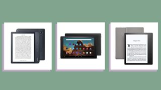 a collage image featuring a selection of w&h best ereaders—the Kindle Oasis, Kobo Libra, and Amazon Fire HD
