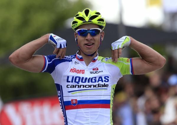 Peter Sagan (Liquigas-Cannondale) celebrates his first ever Tour de France stage win.