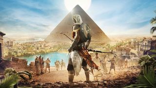Assassin's Creed Origins key art - Bayek standing in front of a pyramid