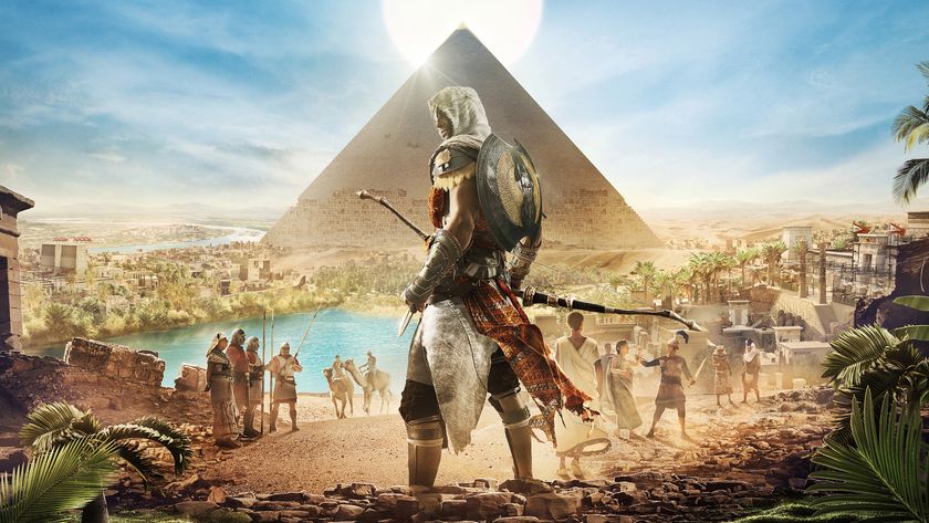 Assassin&#039;s Creed Origins key art - Bayek standing in front of a pyramid