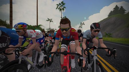 A close-up in the peloton of the men's Esport World Championships