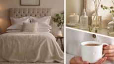 Three images of our sleep reset suggestions: a bed made up with a faux fur throw and the white company bedding, a collection of calm fragrances from the white company and their mug