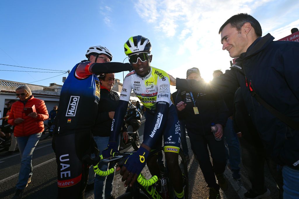 ALTEA SPAIN FEBRUARY 01 Biniam Girmay of Eritrea and Team Intermarche Circus Wanty celebrates at finish line as stage winner during the 74th Volta a la Comunitat Valenciana 2023 Stage 1 a 1894km stage from Orihuela to Altea VCV2023 VoltaValenciana on February 01 2023 in Altea Spain Photo by Dario BelingheriGetty Images