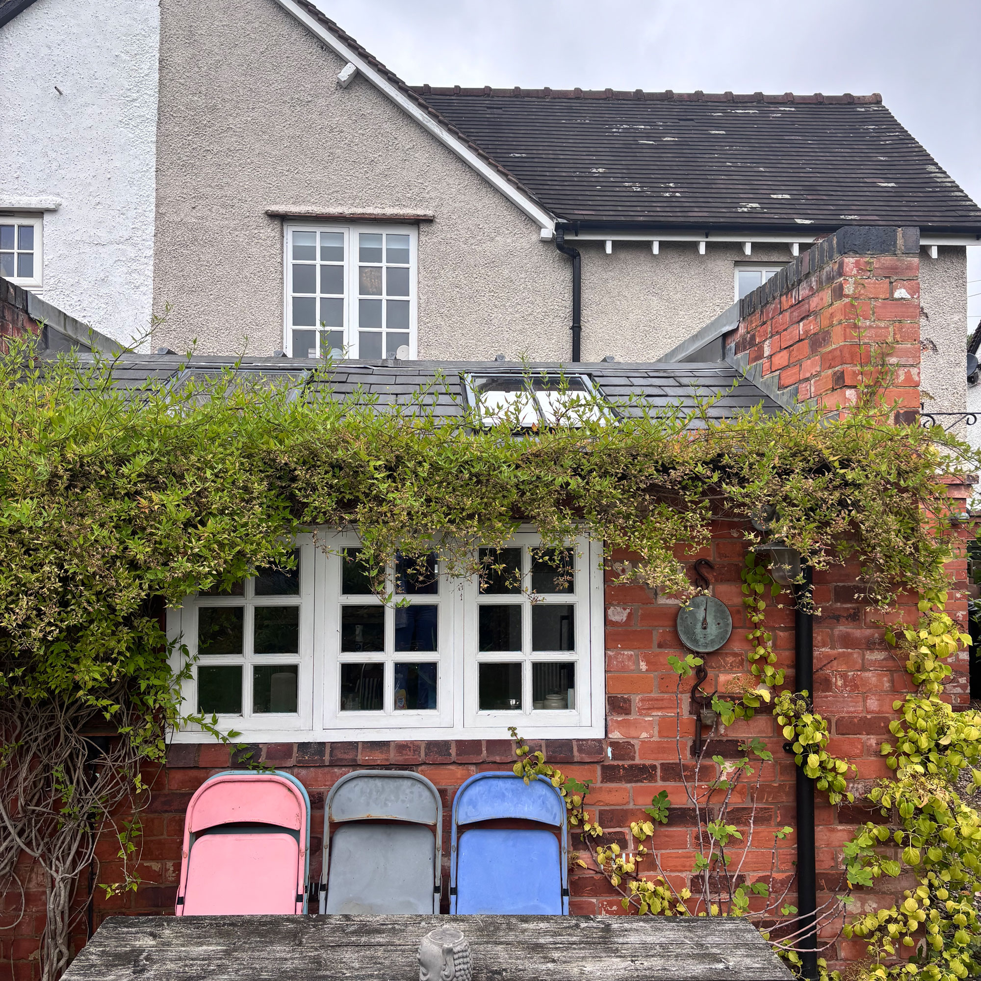 flat roof kitchen extension with metal rooflights and timber casement window