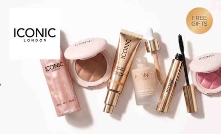 iconic london logo top left with a collection of makeup 
