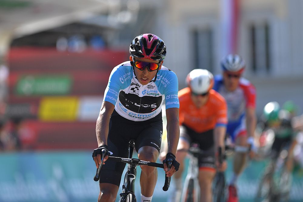 Egan Bernal (Team Ineos) racing stage 3 at Tour de Suisse