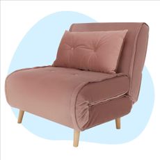 One of the best chair beds; the Haru single sofa bed in pink velvet upholstery