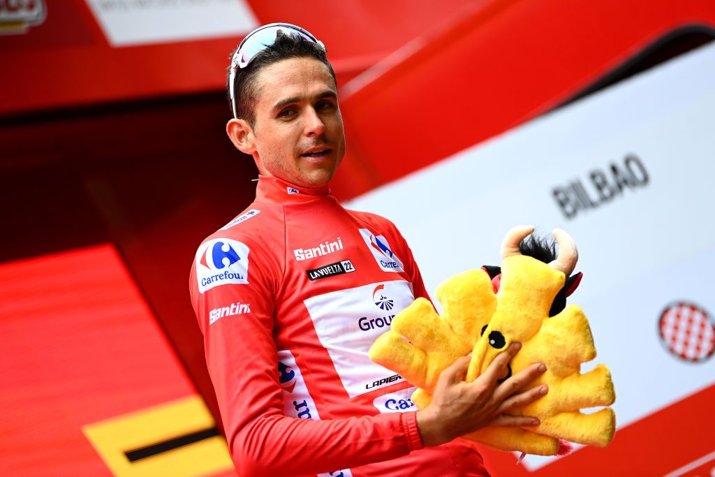 BILBAO SPAIN AUGUST 24 Rudy Molard of France and Team Groupama FDJ celebrates winning the Red Leader Jersey on the podium ceremony after the 77th Tour of Spain 2022 Stage 5 a 1872km stage from Irn to Bilbao LaVuelta22 WorldTour on August 24 2022 in Bilbao Spain Photo by Tim de WaeleGetty Images