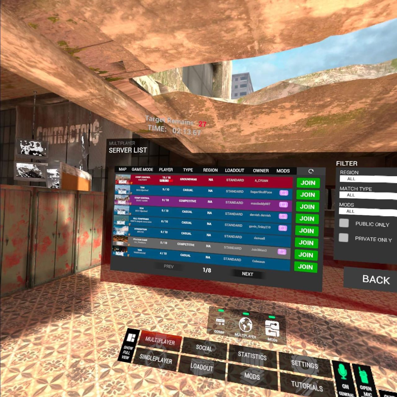 The server browser on Contractors for Quest