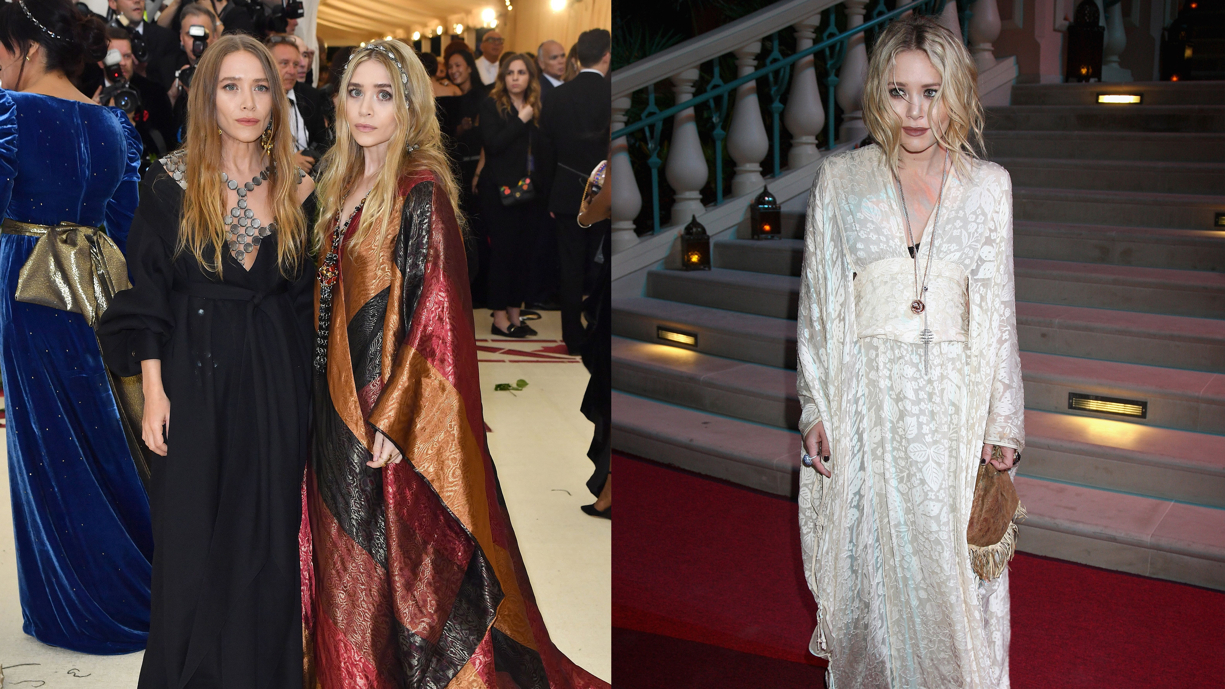 Mary-Kate and Ashley Olsen wearing caftan dresses.