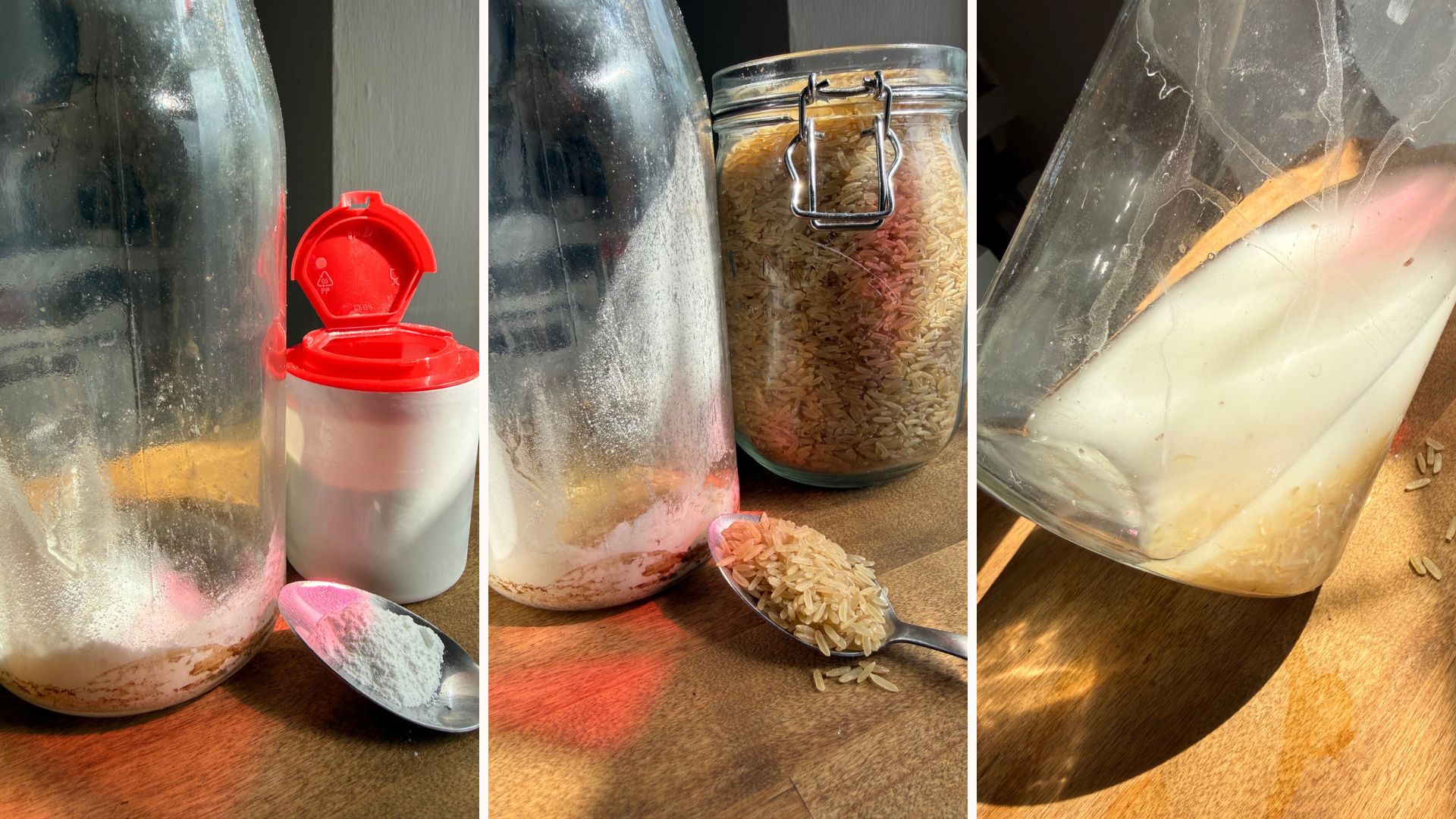 Compilation images of before and after using a chemcial-free vase cleaning trick
