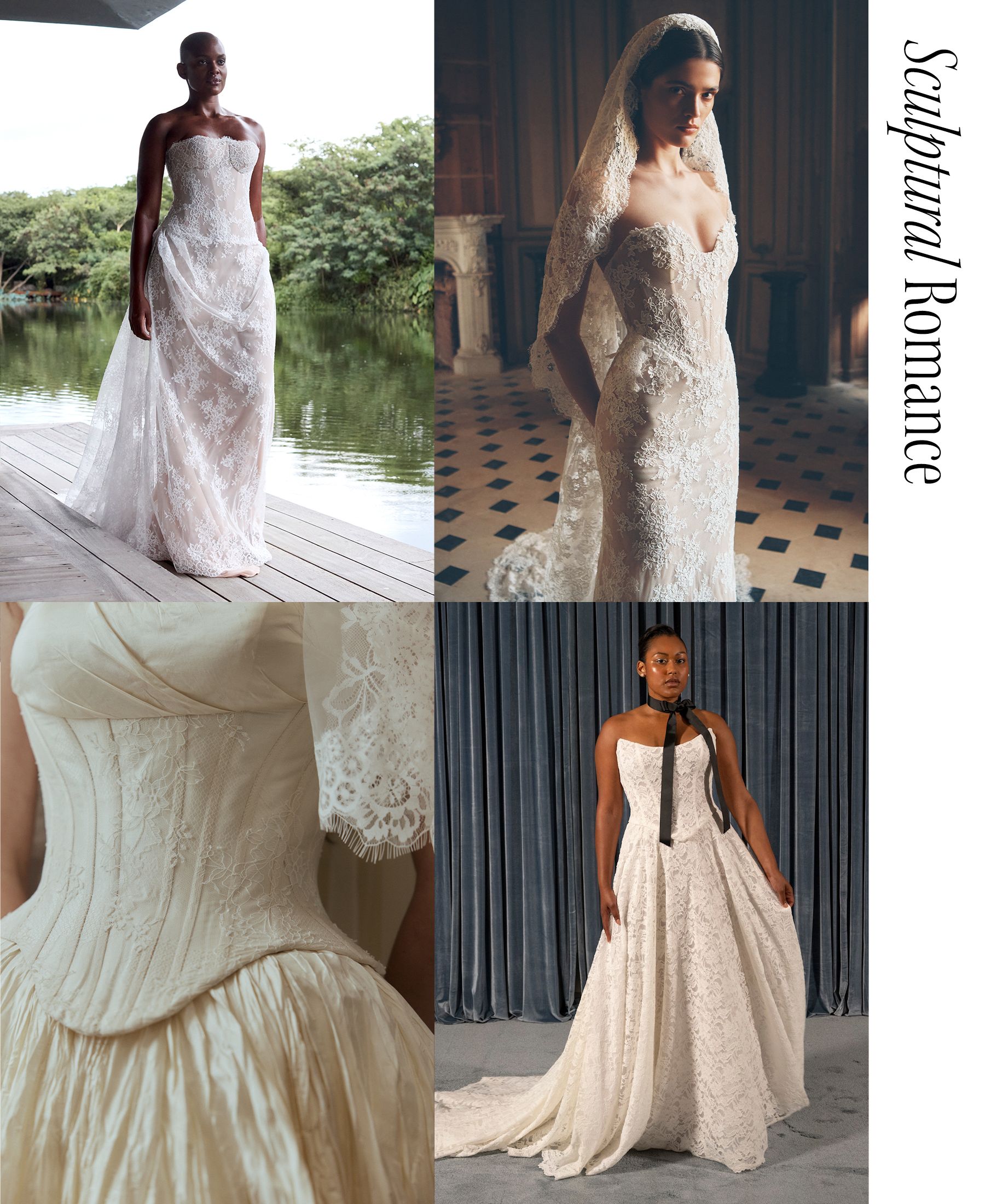a collage of wedding gowns with the trend name "sculptural romance"