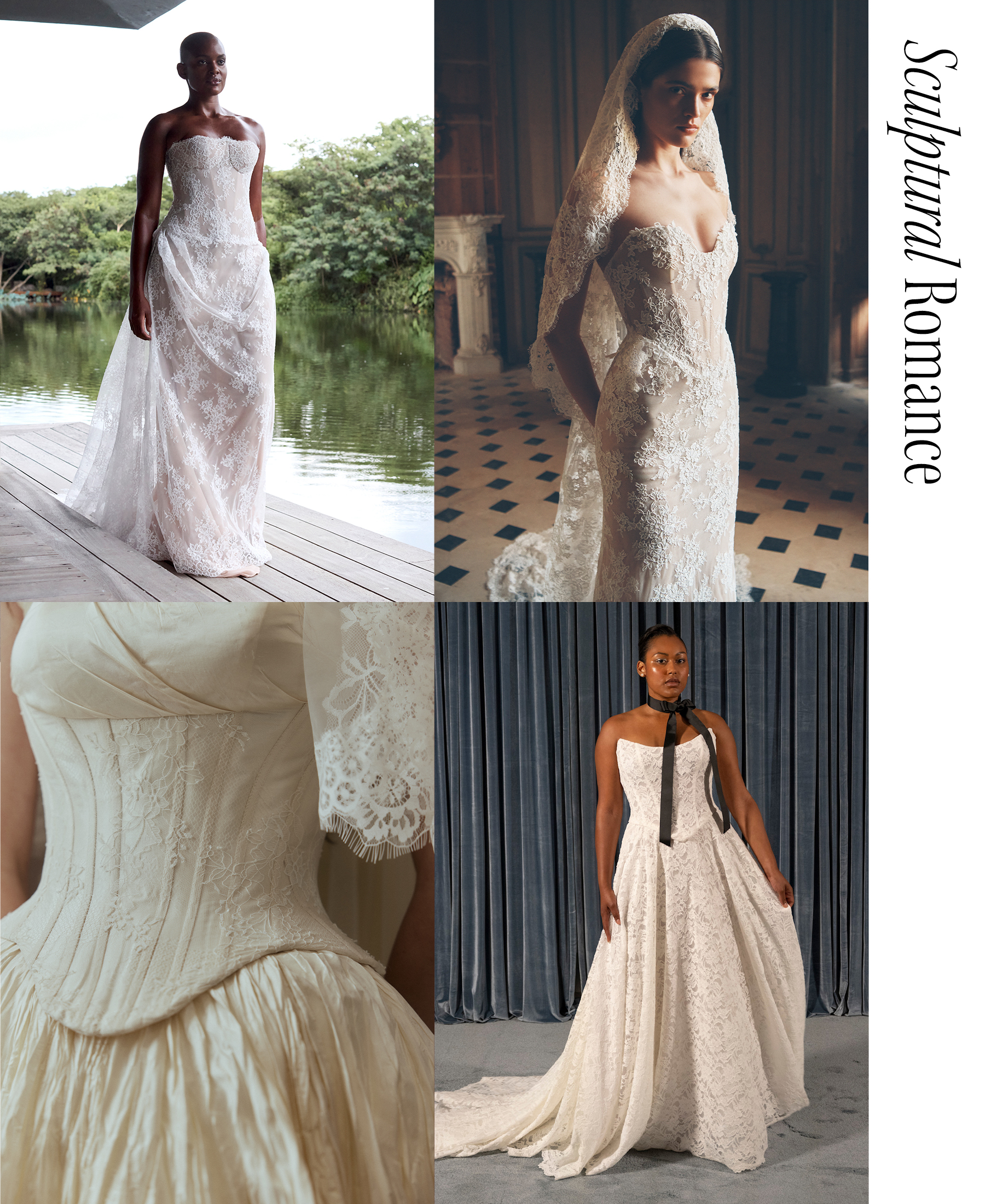 a collage of wedding gowns with the trend name &quot;sculptural romance&quot;