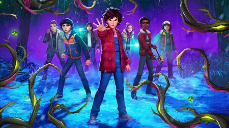 Nikki, Mike, Will, Eleven, Lucas, and Max surrounded by vines in a promotional image for Stranger Things: Tales From 85
