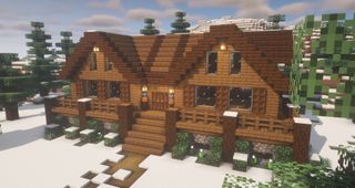 Minecraft cabin - A large wood cabin with a raised deck and double hipped roof.