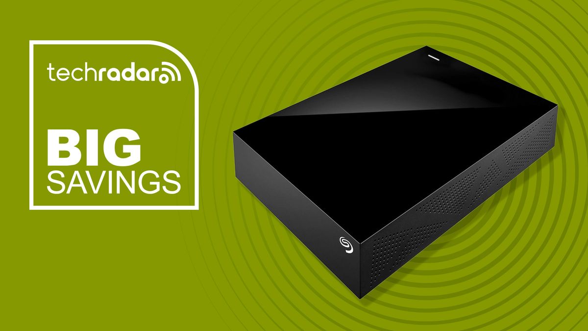 A Seagate external HDD against a green TechRadar Black Friday deals background