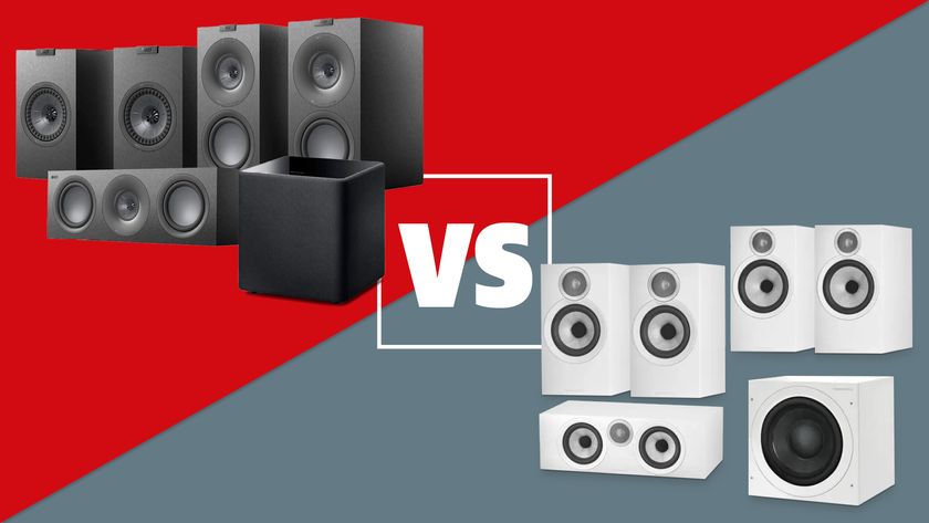 A grey and red VS background with a KEF and Bowers &amp; Wilkins speaker package