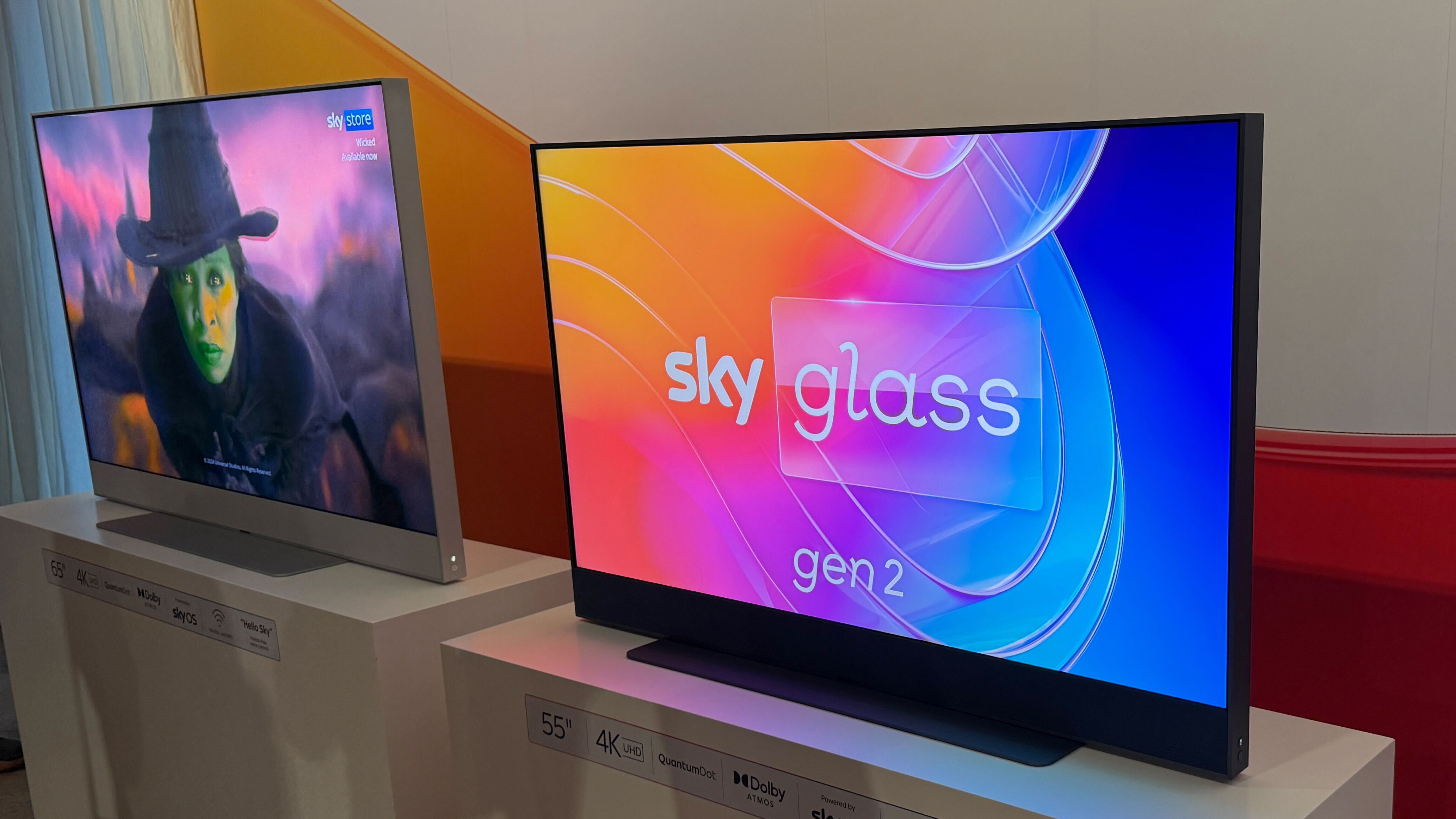 The Sky Glass Gen 2 TV sat on a plinth in a preview room