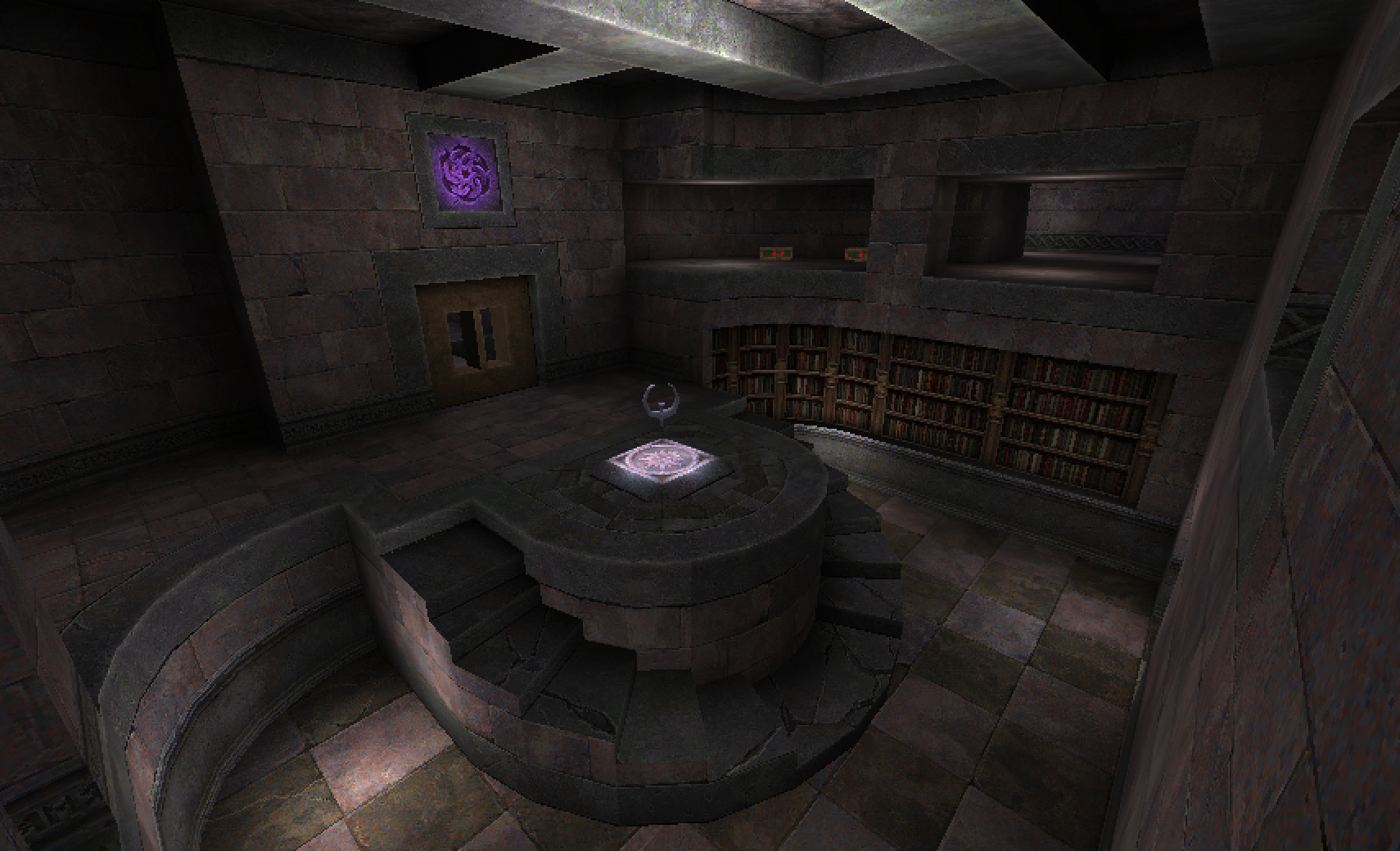 A screenshot of a Quake map from Q30 Deathmatch Jam, showing a rounded, purple-tinted arena with a quad-damage on a central pedestal.
