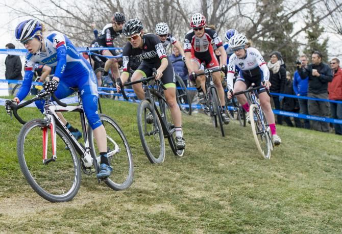 Maghalie Rochette leads in lap one on the off-camber turn that tripped up many riders