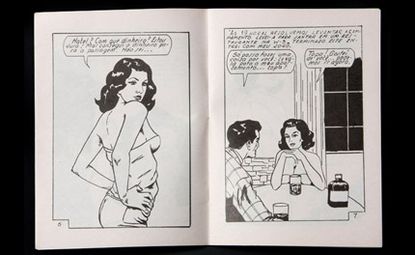 Comic page with woman on left & couple talking on right