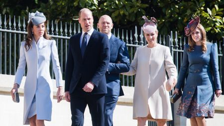 Kate Middleton, Prince William, Mike Tindall, Zara Tindall and Princess Beatrice walking to church in blue outfits on Easter 2019