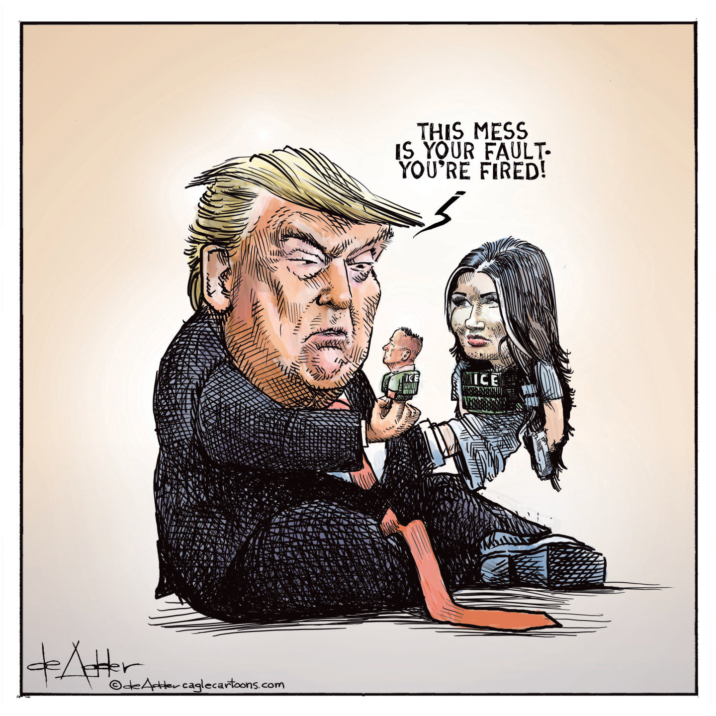 Donald Trump is playing with a tiny Greg Bovino doll and a Kristi Noem handpuppet in this cartoon. Trump says to the Bovino doll, &amp;quot;This mess is your fault &amp;mdash; you're fired!&amp;quot;
