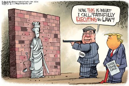 Political Cartoon U.S. Trump William Barr Roger Stone lady justice execution