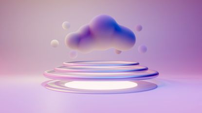 A cartoonish cloud in pink/purple hues above a floating platform