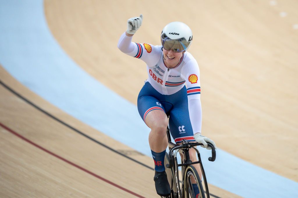 HONG KONG CHINA MARCH 17 Emma Finucane of Great Britain celebrates after winning the womens keirin final gold metal match during the Day 3 of the Tissot UCI Track Nations Cup Hong Kong at the Hong Kong Velodrome on March 17 2024 in Hong Kong China Photo by Yu Chun Christopher WongEurasia Sport ImagesGetty Images