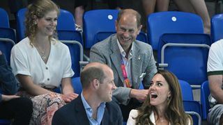 Lady Louise, Prince William, Prince Edward and Kate Middleton pictured chatting and laughing during the swimming heats at the Sandwell Aquatics Centre, on day five of the Commonwealth Games in Birmingham, central England, on August 2, 2022.