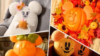 A Cutie Ghost Minnie cushion, Mickey Pumpkin Wreath, Minnie Jack-o'-Lantern, and Mickey Pumpkin cushion divided by white lines